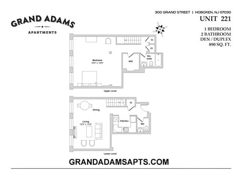 Floor plan for 1 bed, 1.5 baths, 890 sqft